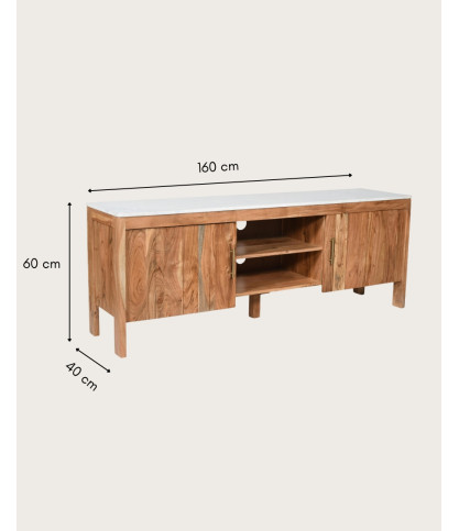 Havena - TV stand in solid acacia wood and white marble