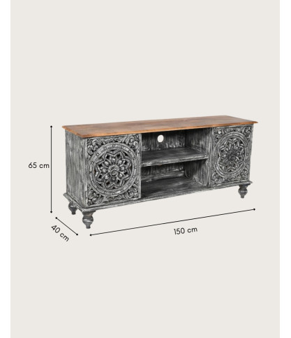 Lotus - 150 cm solid mango wood whitewashed TV stand