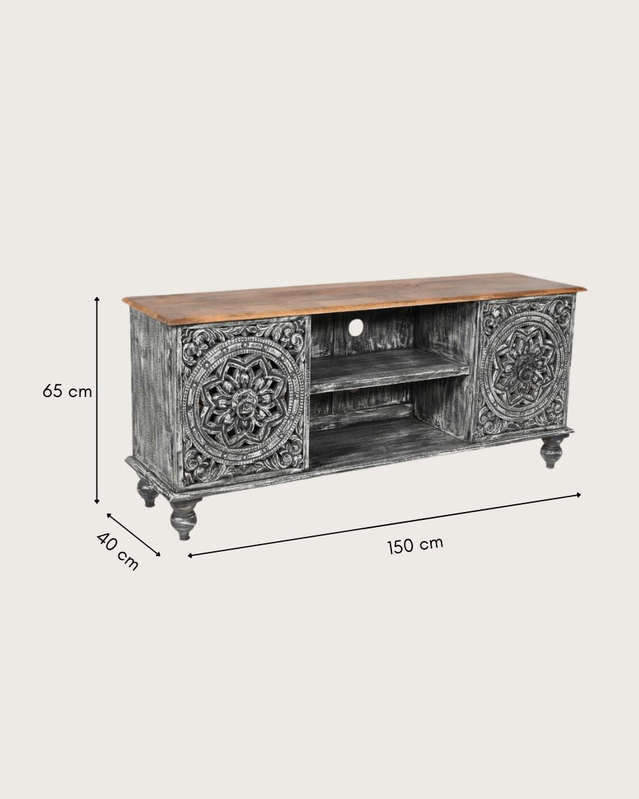 Lotus - 150 cm solid mango wood whitewashed TV stand