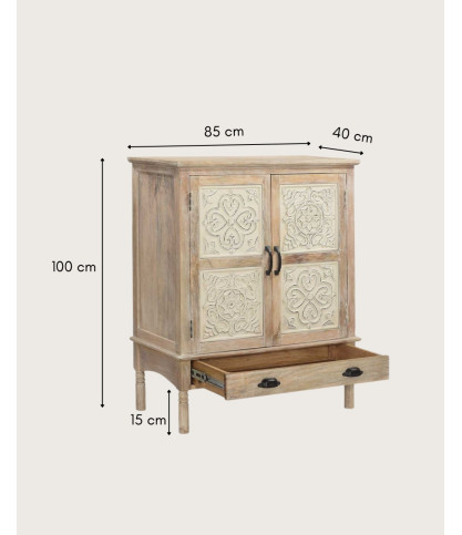 Mala - Hohes Sideboard mit 2 Türen aus massivem geschnitztem Mangoholz 85 cm