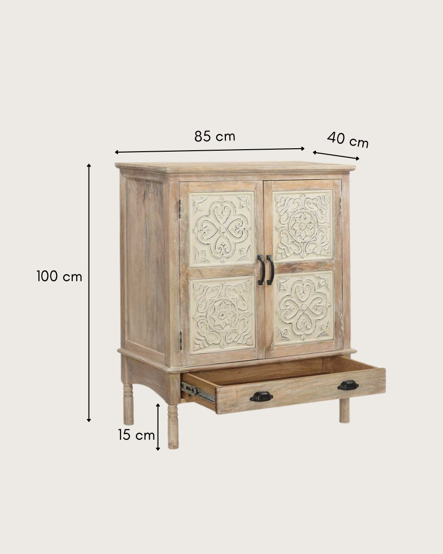 Mala - Hoog dressoir met 2 deuren, gemaakt van massief, gesneden mangohout, 85 cm