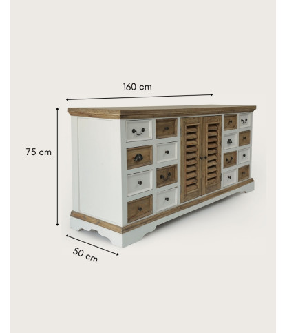 Inda - Großes weißes und naturfarbenes Sideboard aus massivem Mindy Holz, 160 cm