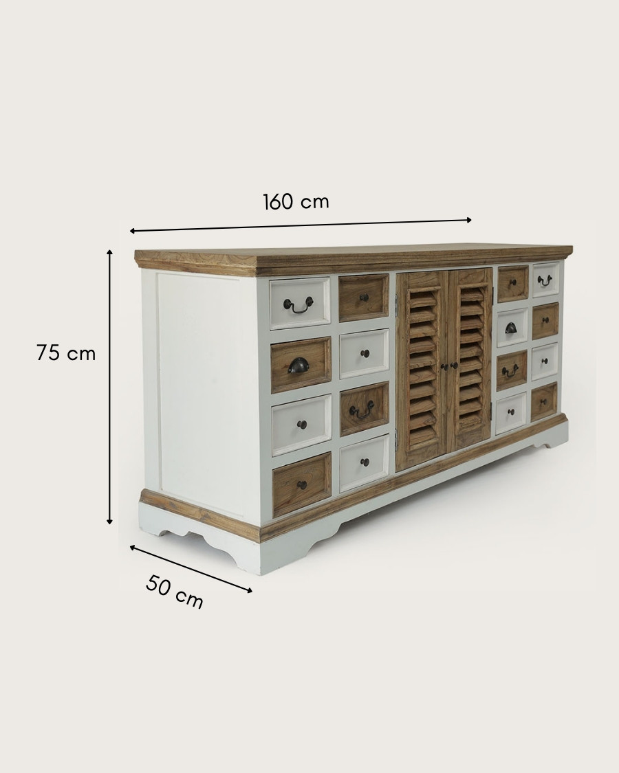 Inda - Großes weißes und naturfarbenes Sideboard aus massivem Mindy Holz, 160 cm