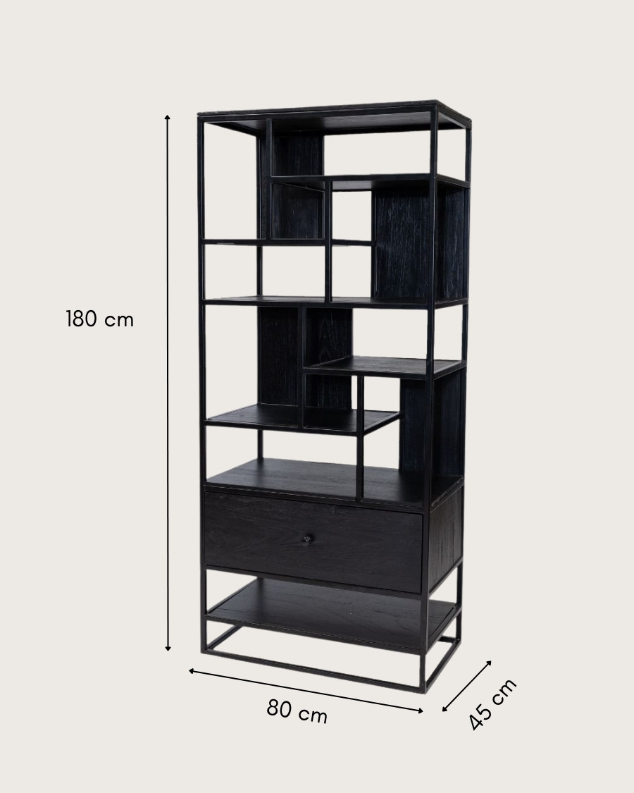 Como - Large industrial shelf in solid teak and black metal