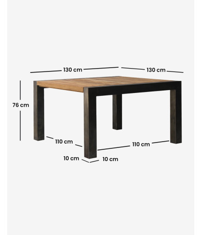 Arche - Vierkante eettafel van massief teakhout en metaal, 130 cm lang, geschikt voor 8 personen