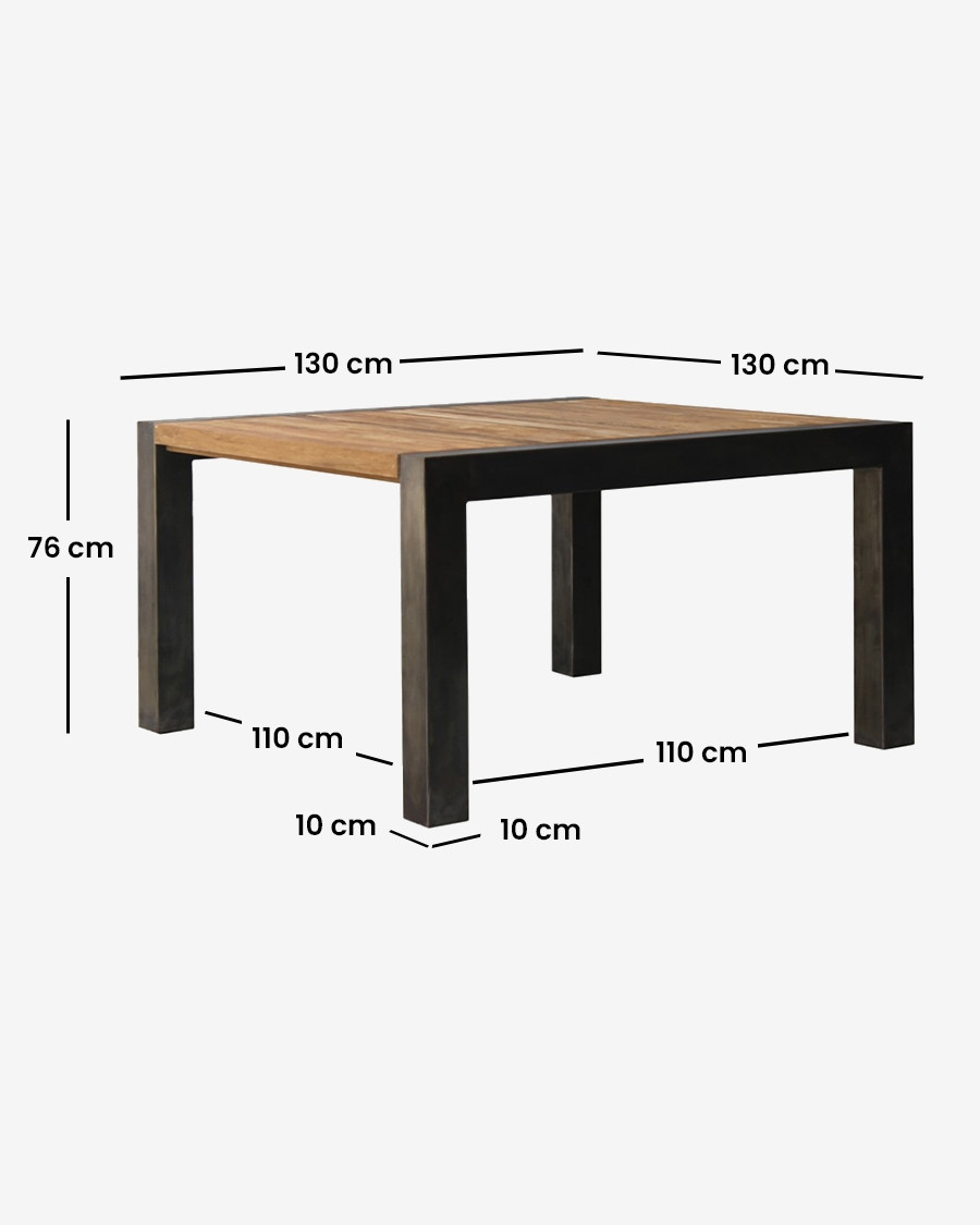 Arche - Table repas carrée en teck massif et métal L130 cm 8 pers.