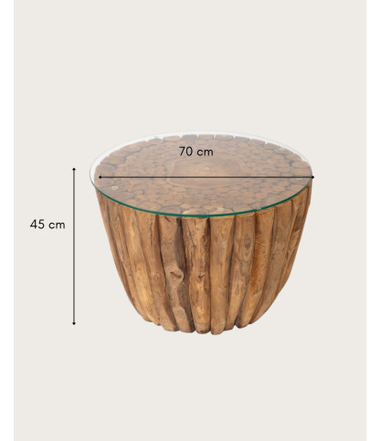 Woodle - Mesa de centro de madera maciza con tapa de cristal