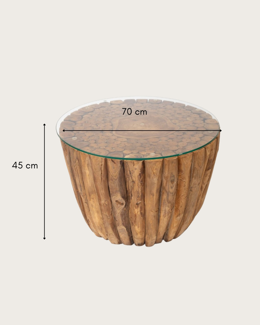 Woodle - Tavolino da caffè in legno massello con piano in vetro
