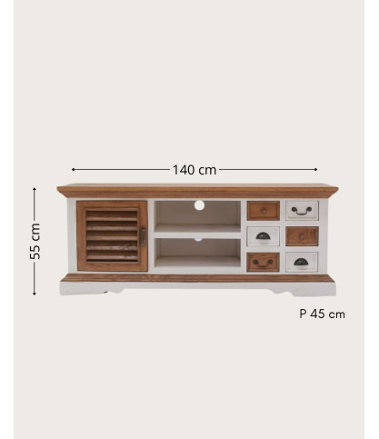 Inda - Mueble de TV de madera maciza Sungkai en blanco y natural 140 cm