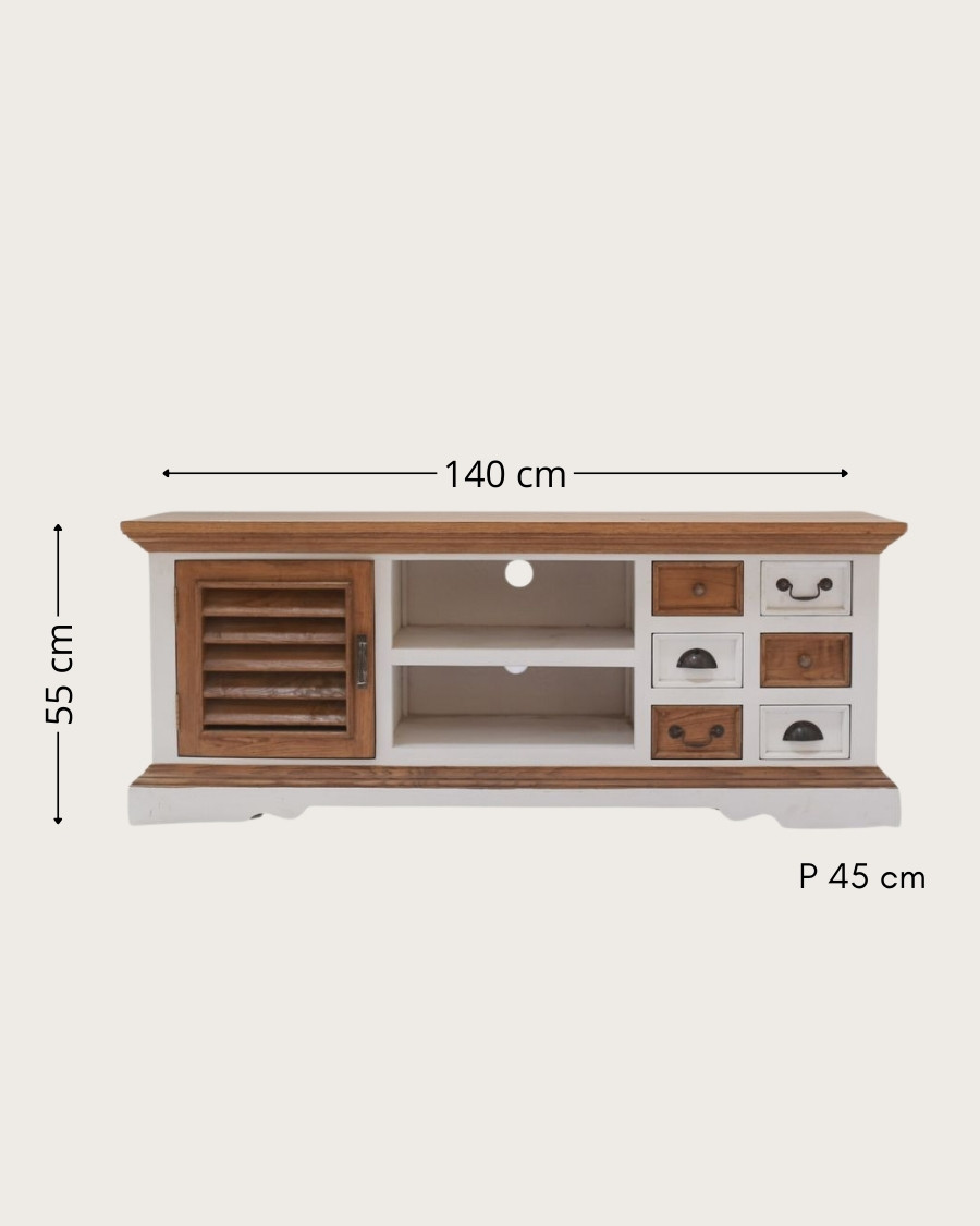 Inda - TV Ständer aus massivem Sungkai Holz, weiß und natur, 140 cm