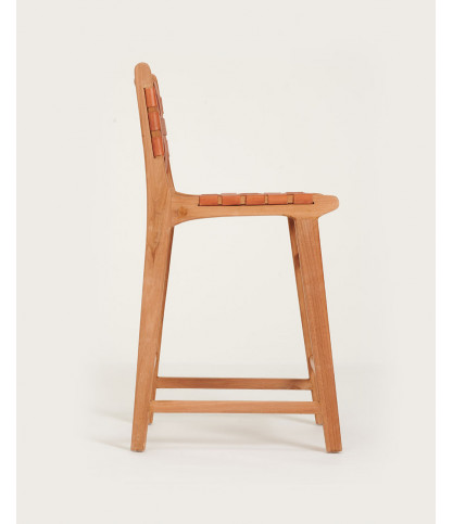 Ambra - Set of 2 Bar Stools in Solid Teak and Brown Braided Cowhide Leather