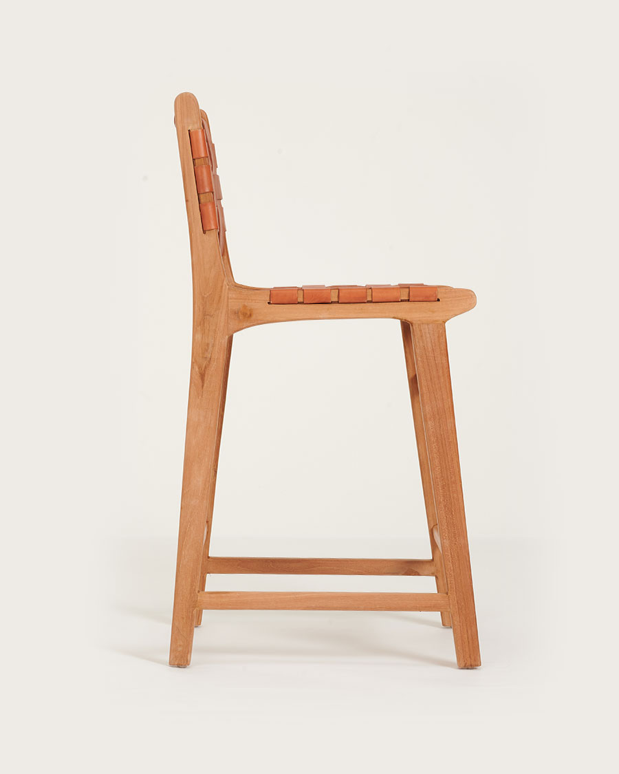 Ambra - Set of 2 Bar chairs in solid teak and brown woven cowhide leather