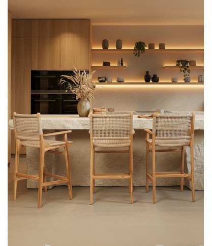 Nolan Arm - Lot de 2 chaise de bar en teck et corde avec accoudoirs