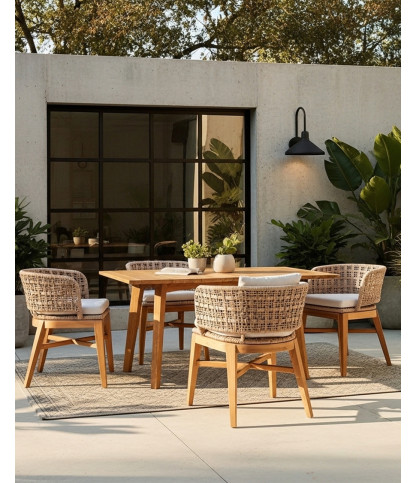 Maora - Set di 2 sedie da giardino in teak e corda intrecciata Viro con cuscino