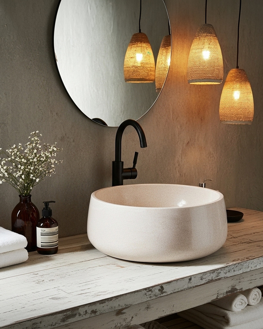 Sable - Round Countertop Basin in Beige Marble