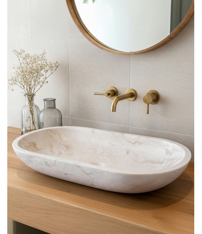 Nacre - Vasque  à poser ovale en marbre couleur crème