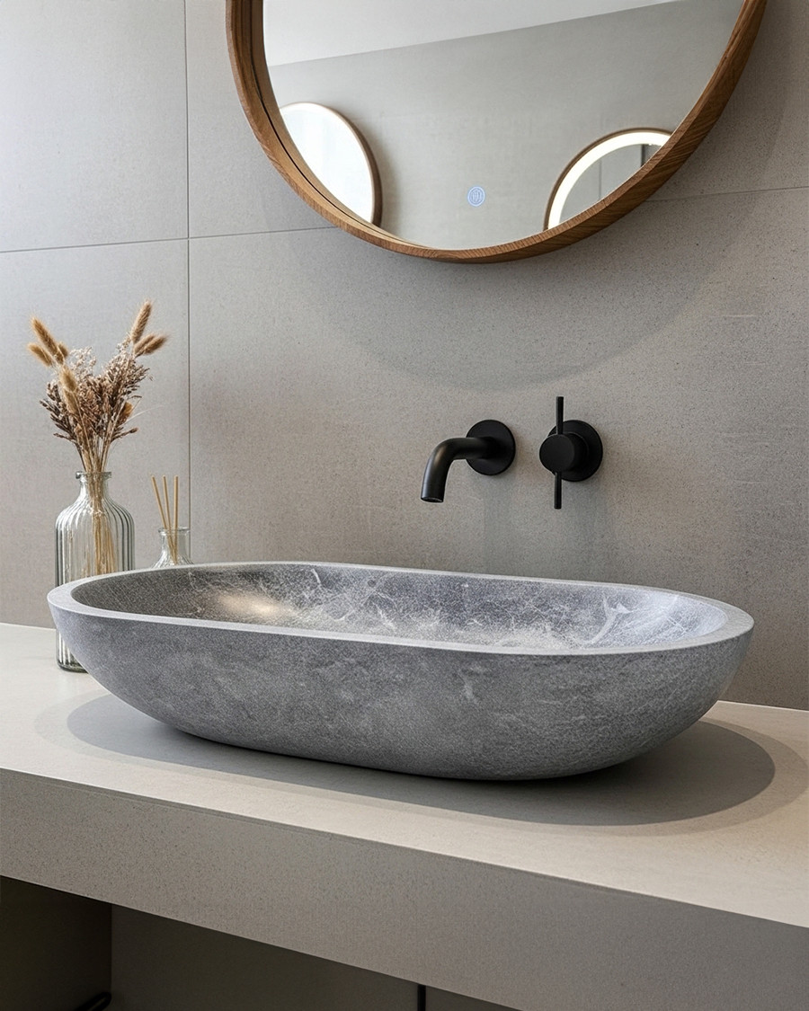Galet - Oval countertop washbasin in grey marble