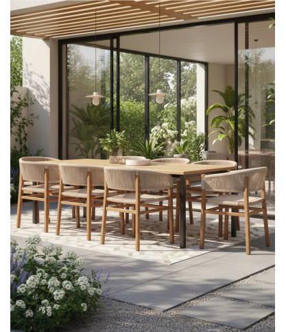 Kanoa - Silla de teca maciza con asiento de cuerda beige