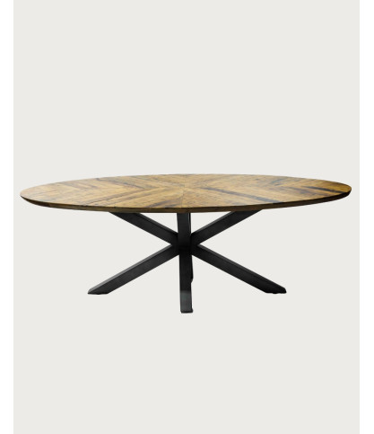 Apogée - Table salle à manger ovale, Plateau en Manguier à Chevrons & Pied Étoile en Métal