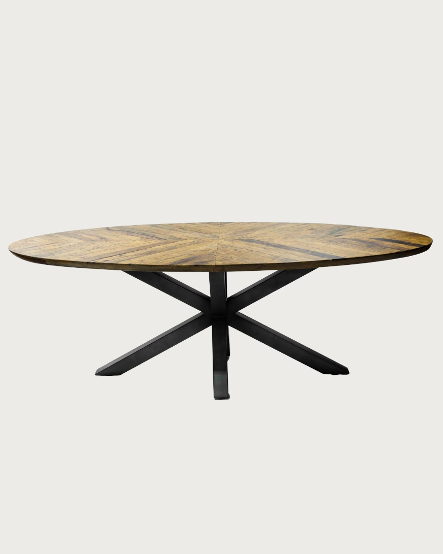 Apogée - Mesa de comedor ovalada, tablero de mango en espiga y base de estrella de metal
