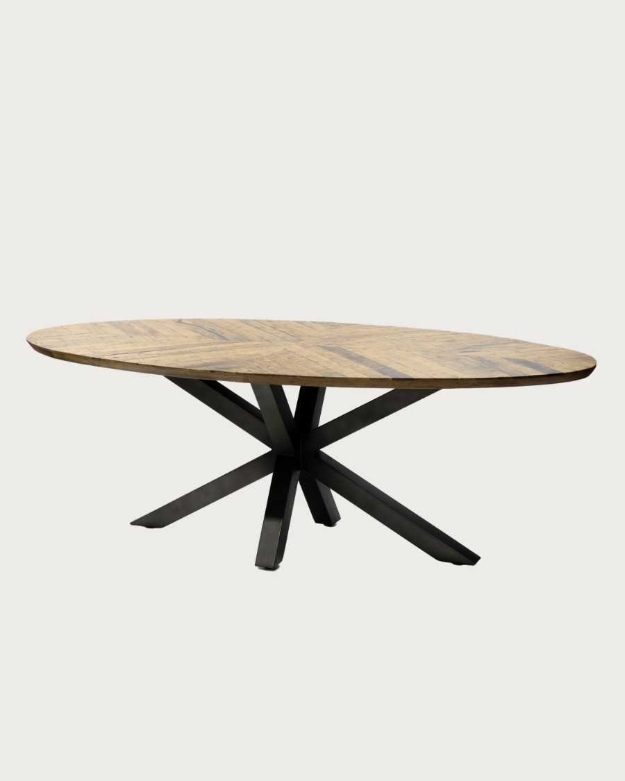 Apogée - Table salle à manger ovale, Plateau en Manguier à Chevrons & Pied Étoile en Métal