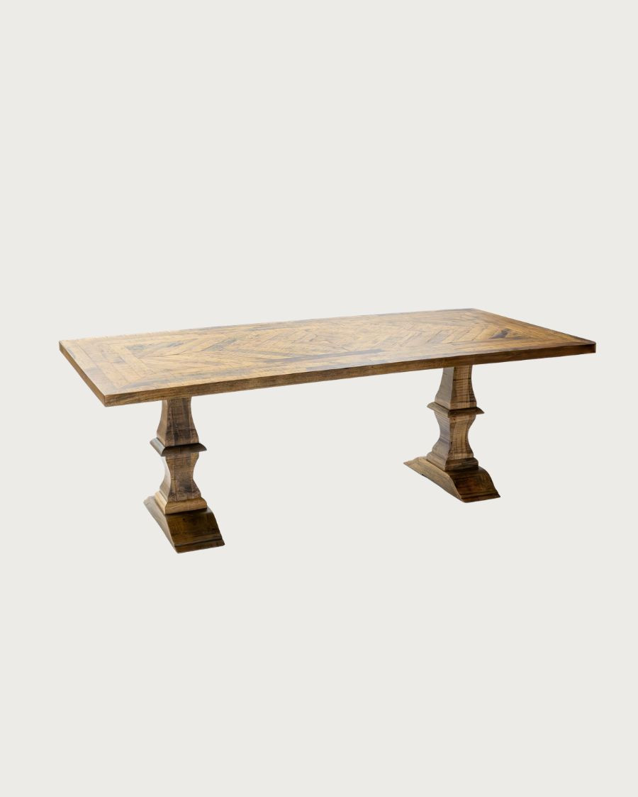 Maestro - Mesa de comedor rectangular de madera de eucalipto, doble pedestal y diseño de espiga