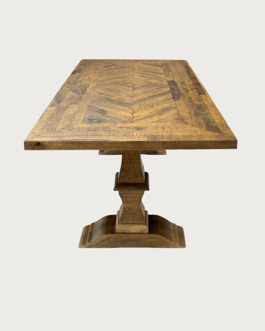 Maestro - Mesa de comedor rectangular de madera de eucalipto, doble pedestal y diseño de espiga