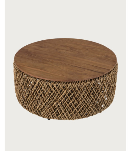 Yuda - Grand table basse en bois de teck massif et tissage banane avec rangement