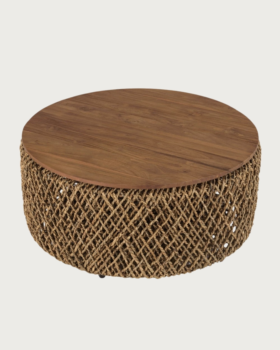 Yuda - Mesa de centro grande de madera maciza de teca y tejido banana con espacio de almacenamiento.