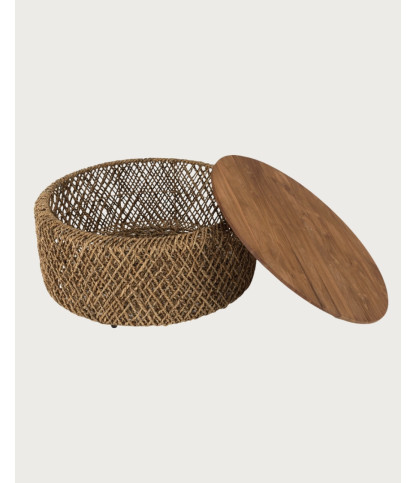 Yuda - Mesa de centro grande de madera maciza de teca y tejido banana con espacio de almacenamiento.