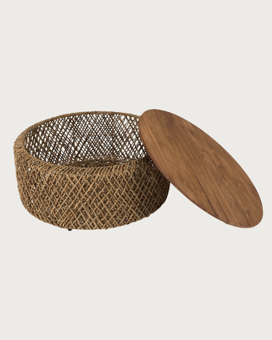 Yuda - Tavolino da caffè di grandi dimensioni in legno massello di teak e intreccio a banana con vano contenitore