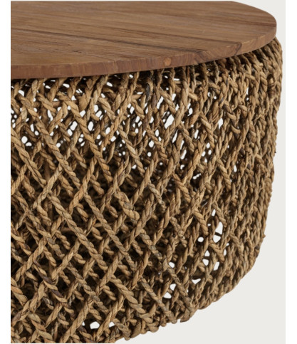 Yuda - Grand table basse en bois de teck massif et tissage banane avec rangement