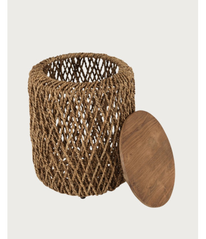 Yuda-Lot de deux tables en bois de teck massif et tissage banane avec rangements