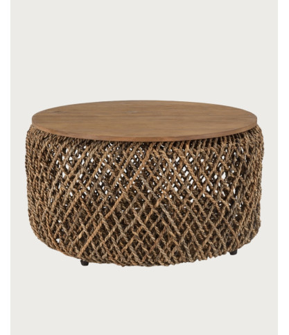 Yuda-Lot de deux tables en bois de teck massif et tissage banane avec rangements