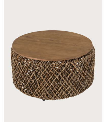 Yuda-Lot de deux tables en bois de teck massif et tissage banane avec rangements