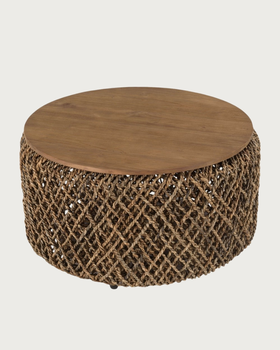 Yuda - Set di 2 tavolini da caffè in teak massello e fibra di banano intrecciata