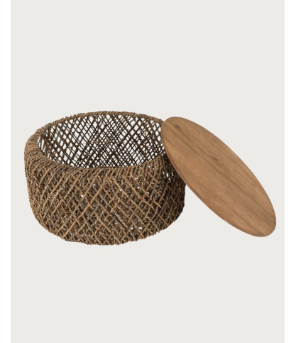 Yuda-Lot de deux tables en bois de teck massif et tissage banane avec rangements