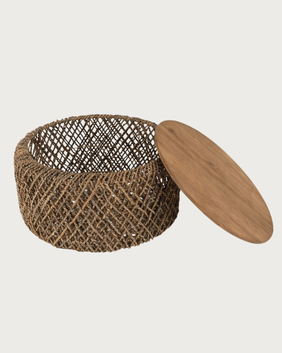 Yuda-Lot de deux tables en bois de teck massif et tissage banane avec rangements