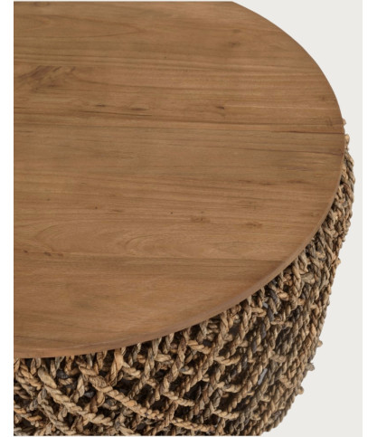 Yuda-Lot de deux tables en bois de teck massif et tissage banane avec rangements