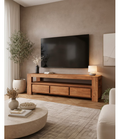 Kutaya - Mueble de TV de teca maciza con 3 cajones