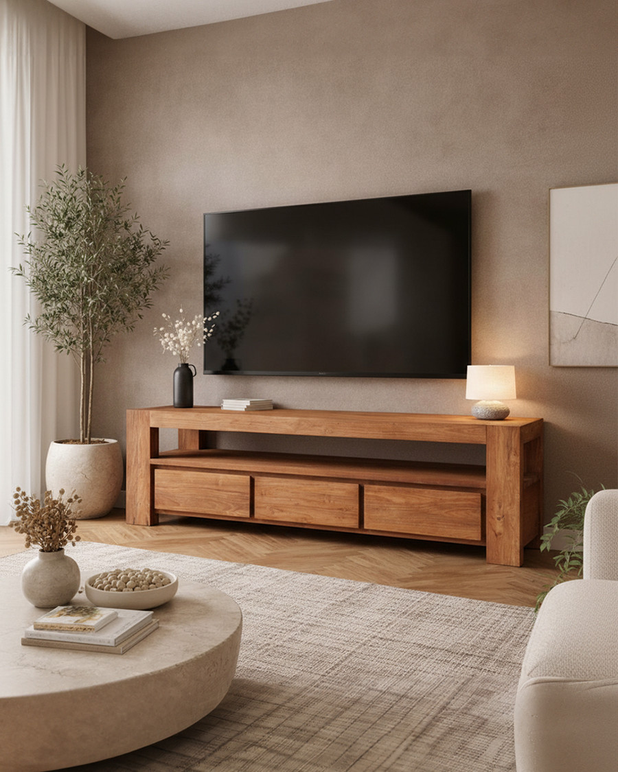 Kutaya - Solid teak TV stand with 3 drawers