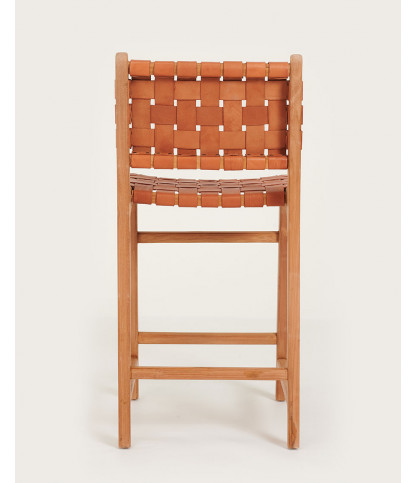 Ambra - Set of 2 Bar chairs in solid teak and brown woven cowhide leather