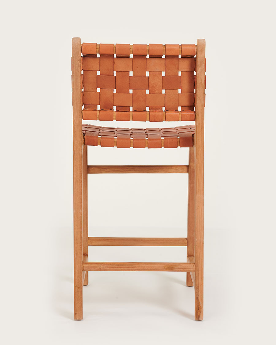 Ambra - Set of 2 Bar Stools in Solid Teak and Brown Braided Cowhide Leather