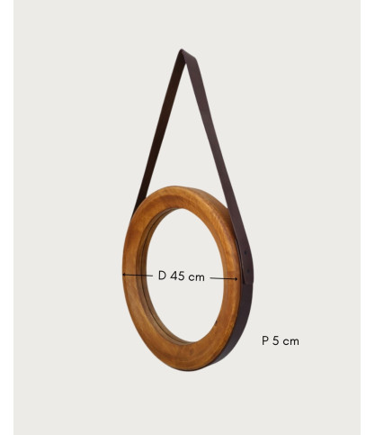 Brio - Runder Badezimmerspiegel aus Holz und Lederriemen