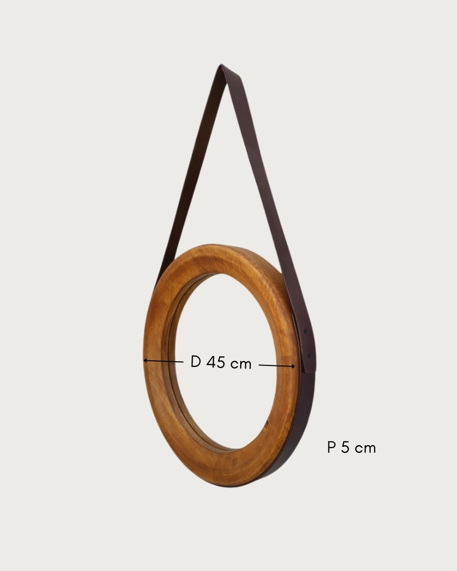 Brio - Ronde badkamerspiegel van hout met leren bandje