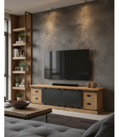Estilo industrial - Mueble de TV industrial de teca maciza con puertas metálicas