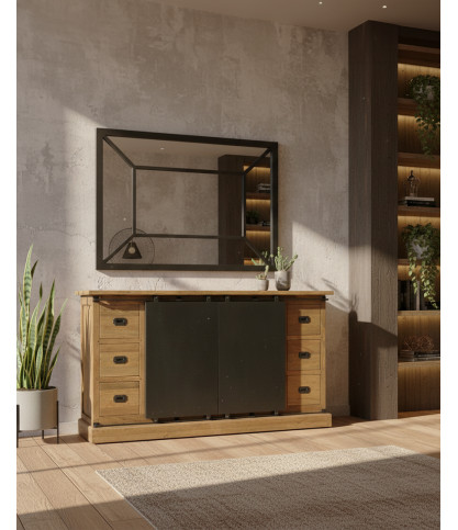 Industriell - Industrielles Sideboard aus massivem Teakholz mit Metalltüren