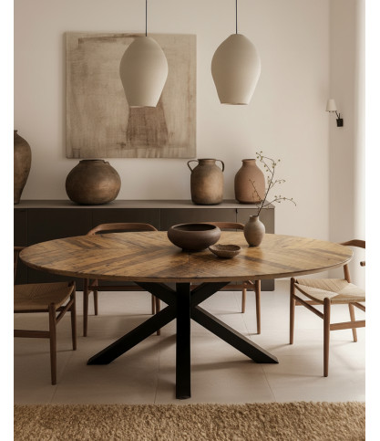 Apogee - Mesa de comedor ovalada, tablero de madera de mango con diseño de espiga y base metálica en forma de estrella.