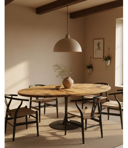 Sofia - Mesa ovalada para 8 personas en madera maciza, tablero de madera de mango y base tulipán en negro mate.