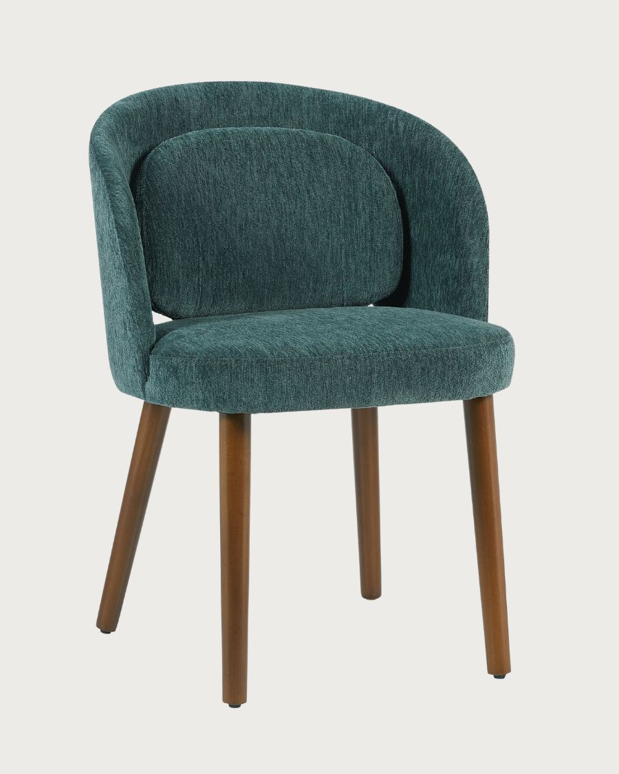 Neris - Chaise salle à manger en tissu vert, pieds en bois